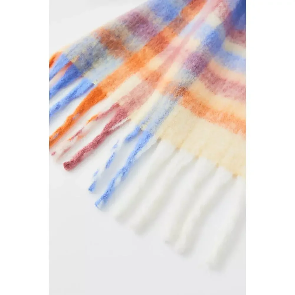 Urban Outfitters Cozy Oversized Multicolor Blue Orange Plaid Woven Fringe Scarf